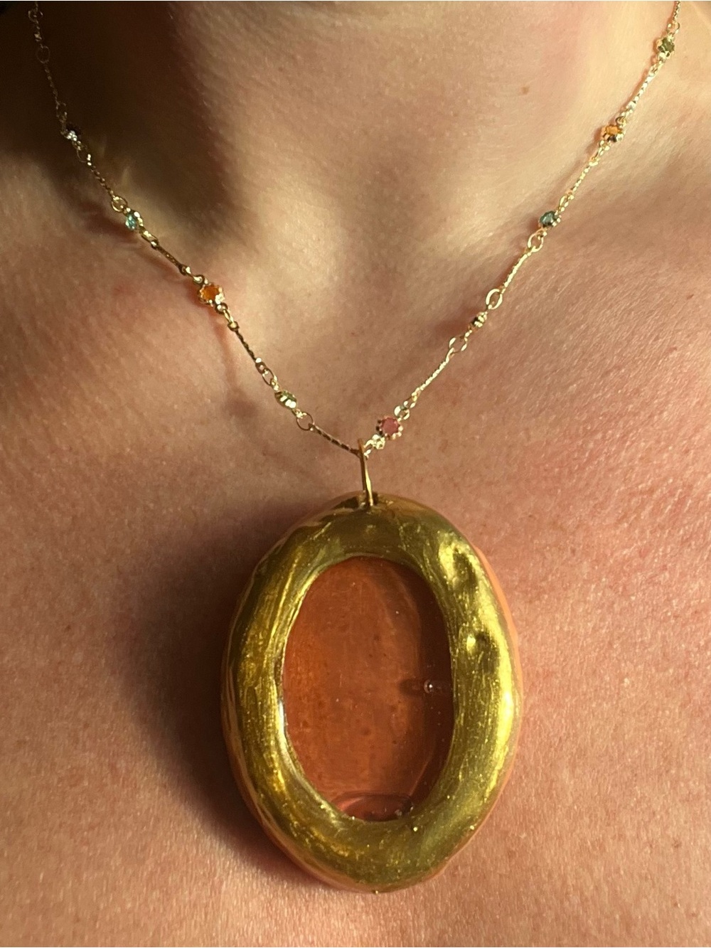 Gold Frame Necklace with Orange Oval Pendant - Women's Jewelry